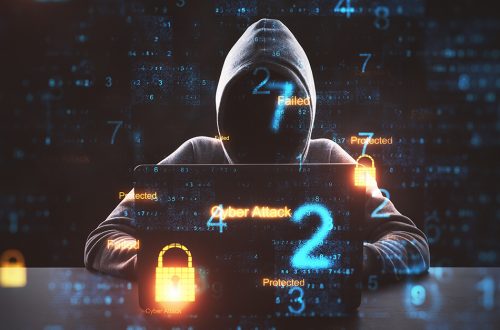 Cyber attack in process with hacker using laptop. Computer and digital security icons in cells. Hacking and malware concept.